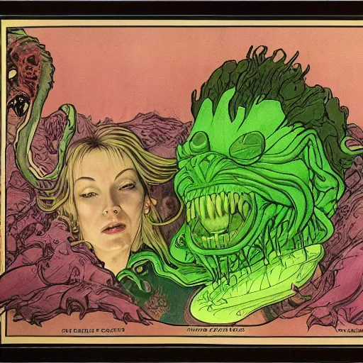 Image similar to surreal cronenberg mutation slime monster, rutkowski, mucha