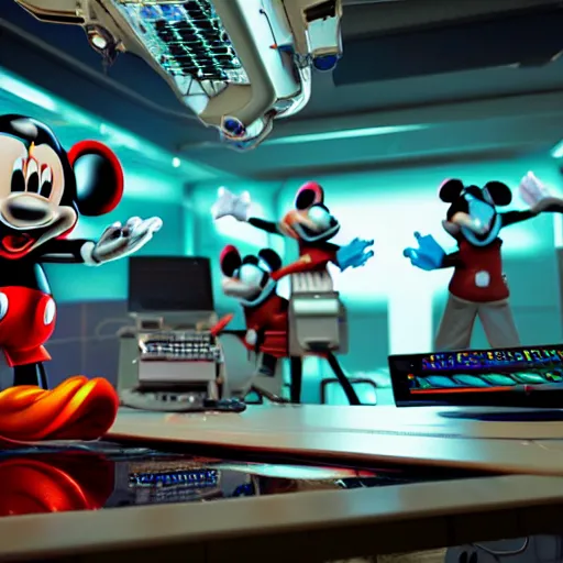 Prompt: a cybertronic mickey mouse being dissected by a group of network executives, on an operating table, octane render, beeple, cgstation, 3 d render, very detailed, mindblowing, blood and guts