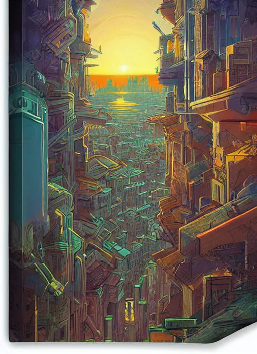 Prompt: ethereal starlit city of dreams at sunset, italian futurism, da vinci, Dan Mumford, Josan Gonzalez