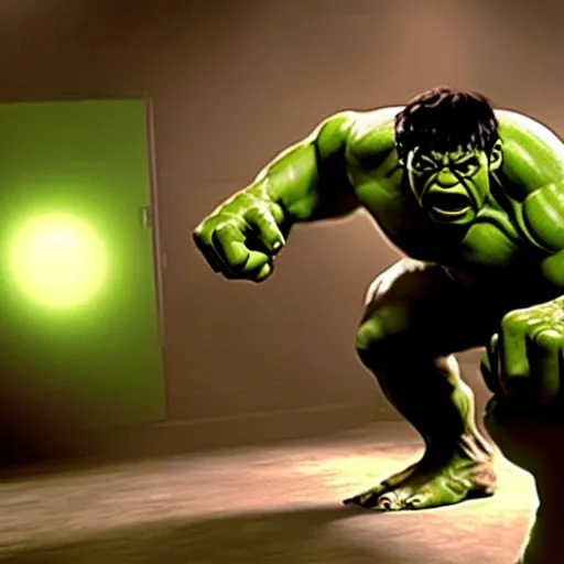 Image similar to mr. bean as hulk in the avengers movie. movie still. cinematic lighting.