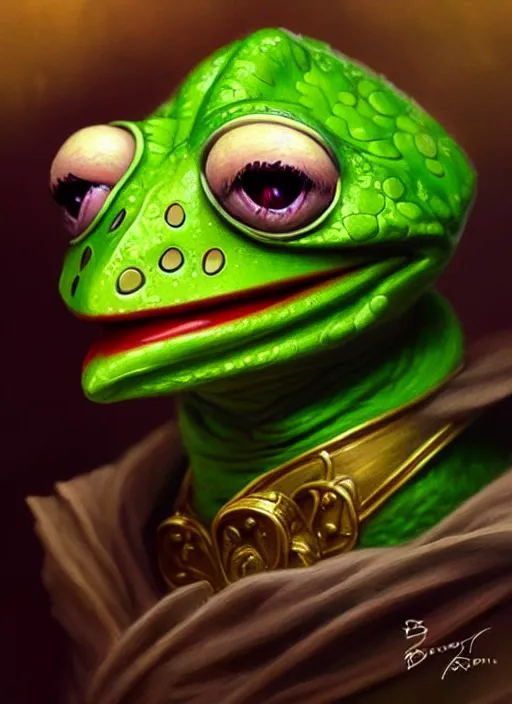 Image similar to Portrait of Kermit the frog, D&D, fantasy, intricate, elegant, highly detailed, digital painting, artstation, concept art, smooth, sharp focus, illustration, art by artgerm and greg rutkowski and alphonse mucha