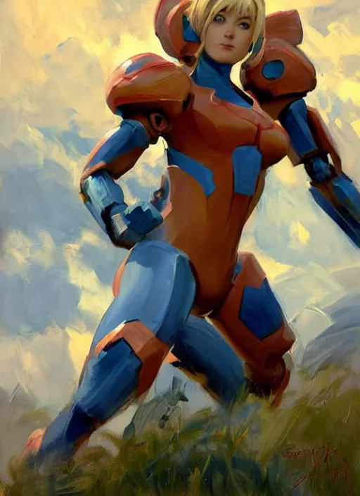 Image similar to Greg Manchess painting of Samus from Metroid Prime, countryside, calm, fantasy character portrait, dynamic pose, above view, sunny day, thunder clouds in the sky, artwork by Jeremy Lipkin and Giuseppe Dangelico Pino and Michael Garmash and Rob Rey, very coherent asymmetrical artwork, sharp edges, perfect face, simple form, 100mm