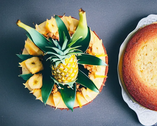 Prompt: dslr food photograph of a pineapple and banana cake, 8 5 mm f 1. 4