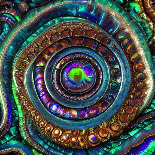 Prompt: Art Nouveau cresting oil slick waves, hyperdetailed bubbles in a shiny iridescent oil slick wave, ammolite, detailed giant opalized ammonite shell, black opal, abalone, paua shell, ornate copper patina medieval ornament, rococo, oganic rippling spirals, octane render, 8k 3D