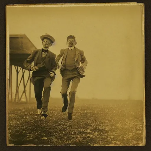 Image similar to 1 9 0 0 s photograph of rick and morty escaping from interdimentional aliens