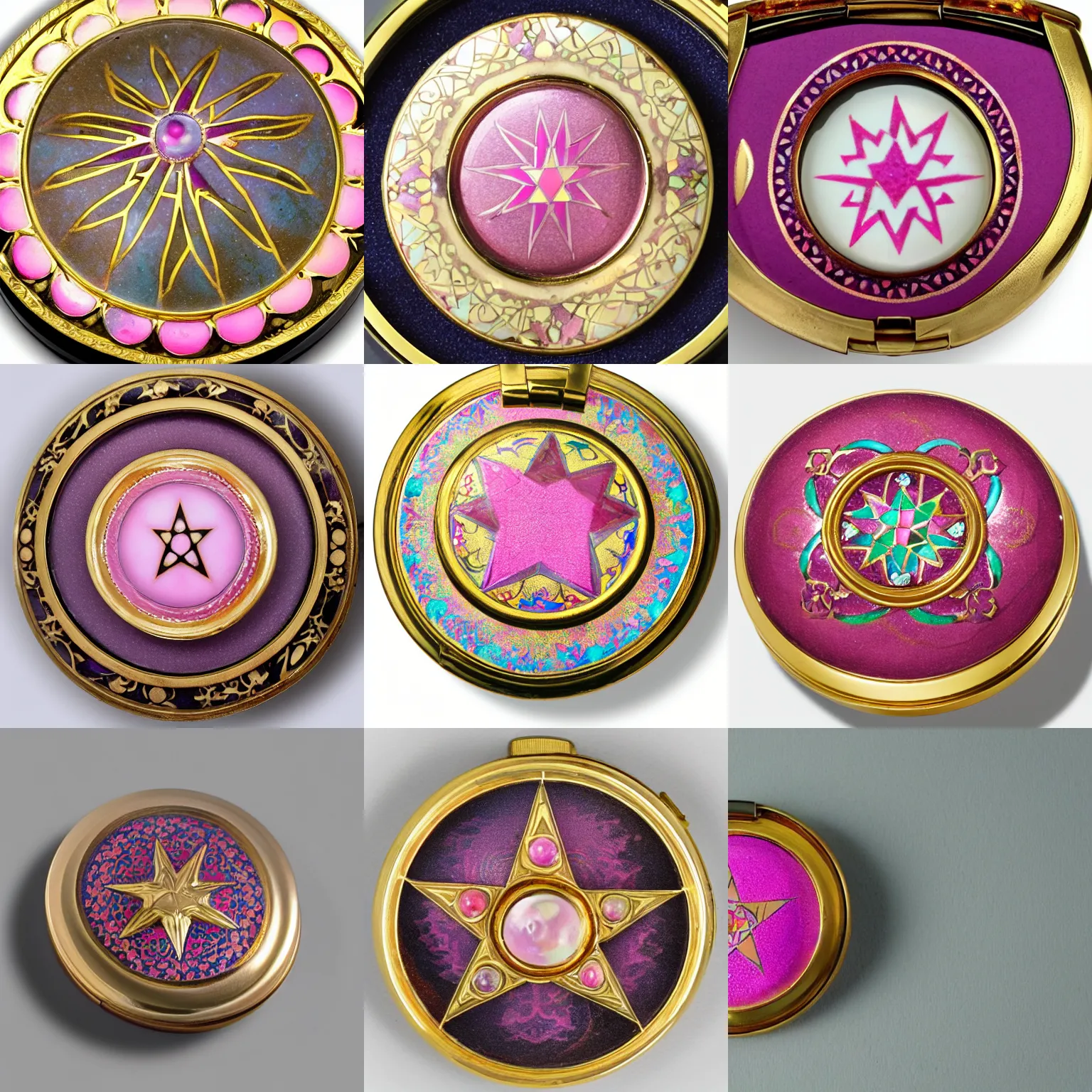 Prompt: a photo of the lid of a circular, pink cloisonné vintage powder compact with an inlaid gold pentagram that has a different colored gem at each point and a large, round cabochon in the middle encircled by a gold crescent moon inlay.