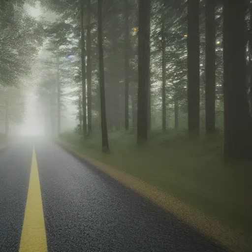 Image similar to drone fottage of an old road in the forest lomography photo, playstation 5 screenshot, fine details, rain, rtx reflections, fog, night, photorealistic, unreal engine, octane render, volumetric light, featured on cg society, 4 k, 5 0 mm bokeh