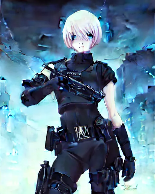 Image similar to 2 b, anime key visual of a young female swat officer, neon, cyberpunk, futuristic, white outfit, black swat vest, swat helmet, holding pdw, stunning, highly detailed, digital painting, smooth, soft focus, illustration, poster, japanese typography, digital art from artstation by artgerm and greg rutkowski and alphonse mucha