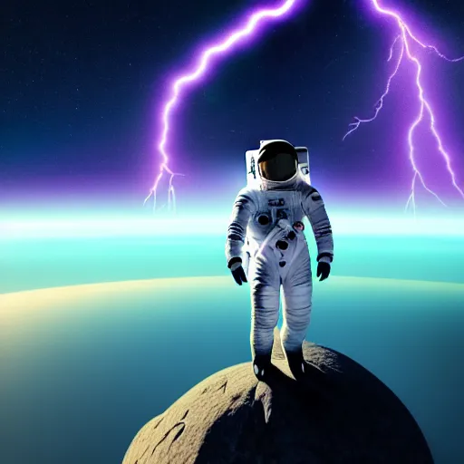 Image similar to astronaut finding a flower on an alien planet with mountains, water, strange clouds, hyper realistic, dramatic lightning, ray tracing, 8 k