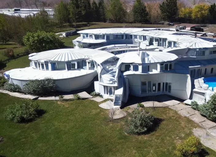 Image similar to zillow listing of a retro futuristic science fiction home for sale on a weird ice planet