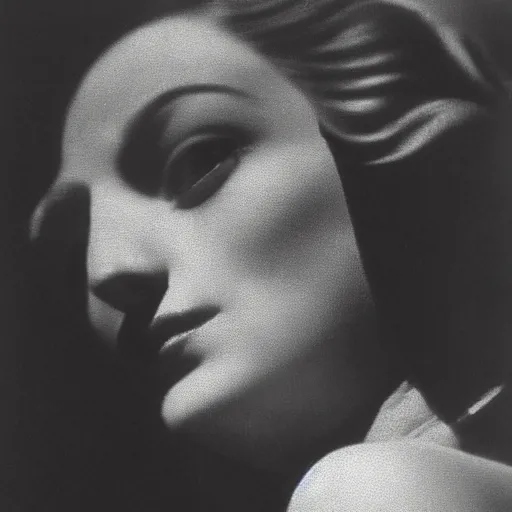 Prompt: close - up portrait of a femme fatale, by dora maar and man ray and lee miller, 1 9 3 4, photography, side lighting, cinematic lighting, very aesthetic, beautiful, light and shadow, masterpiece, black and white, tri - x 4 0 0