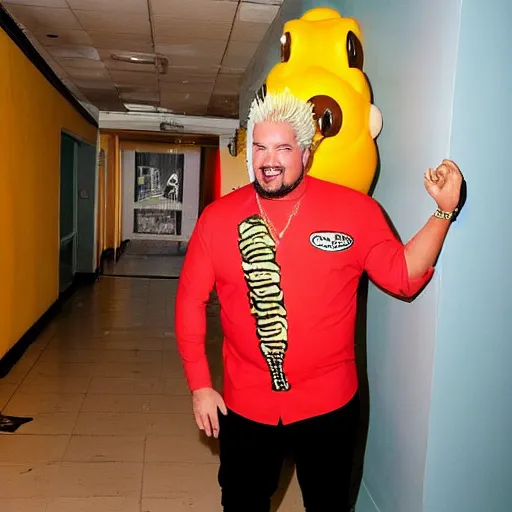 Image similar to lean, cut guy fieri poses with a huge hot dog in a dim hallway. he is very fit