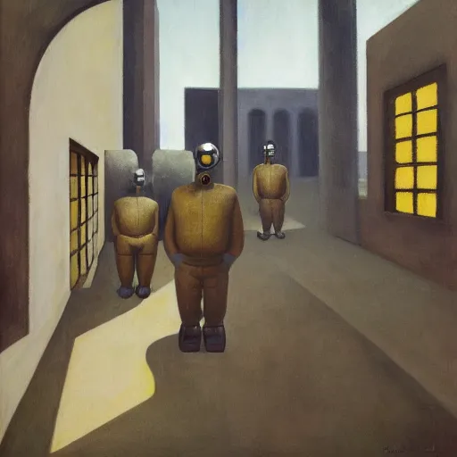 Prompt: drab workers wearing gas masks walking along cloisters, brutalist courtyard, watched by robots, dystopian, pj crook, edward hopper, oil on canvas