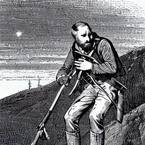 Prompt: 19th century scruffy american trapper aiming a rifle, on mars, pulp science fiction illustration