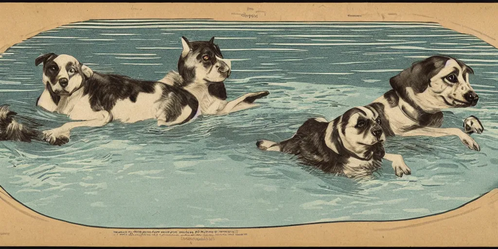Image similar to a flat illustration of dogs swimming in a wide pool, vaudevillian, from 1890, detailed, vignette, high quality scan, yellowish, greenish