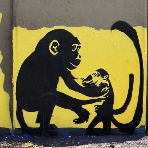 Prompt: monkey eats a banana, graffiti, photograph, made by banksy, yellow and brown colors, spray brush, midday, sunny, professional