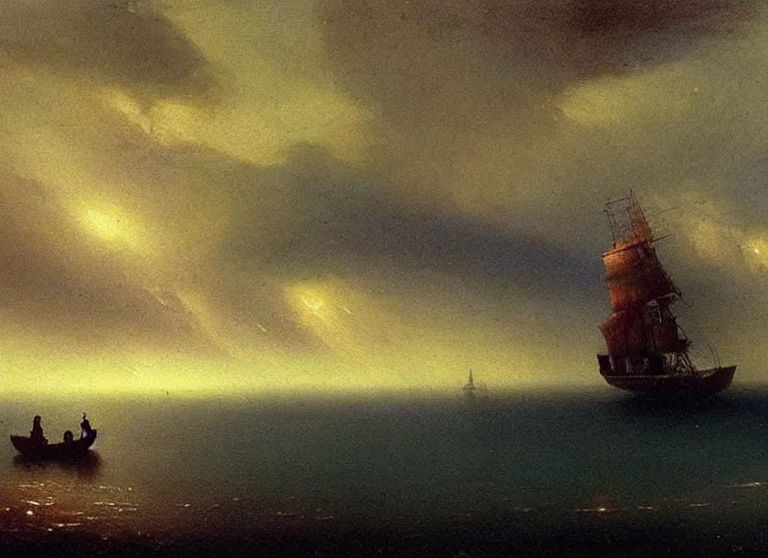 Prompt: a spaceship in a bottle, painting by Ivan Aivazovsky