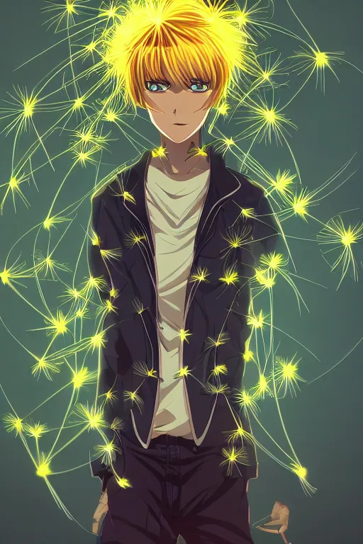 Image similar to glowing luminescent dandelion male anime character, symmetrical, highly detailed, digital art, sharp focus, trending on art station, amber eyes, autumnal colours