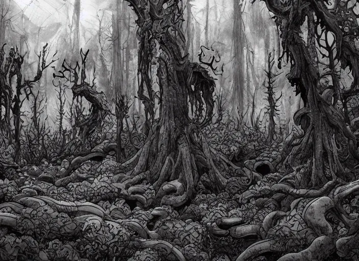 Image similar to a landscape of a forest at hell by takeshi obata and mike mignola, hell, dragons, red and black colors, colors, abandoned buildings, forest with trees with faces, small demons, shadows screaming, night sky, highly detailed, cgsociety, artstation, pencil and ink, very detailed