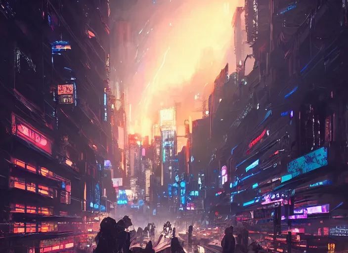 Image similar to meteorite hitting a cyberpunk city at night by wlop, key visual, high detail, digital art