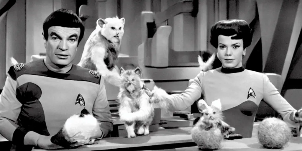 Image similar to a scene from Trouble with Tribbles, an episode of the original Star Trek series