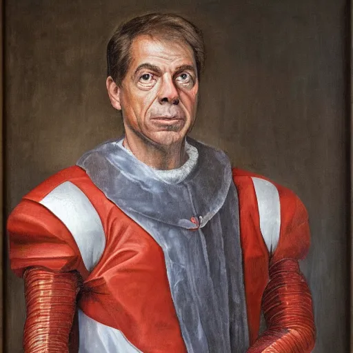 Image similar to renaissance portrait of nick saban, oil on canvas, regal, realism, detailed, meticulous