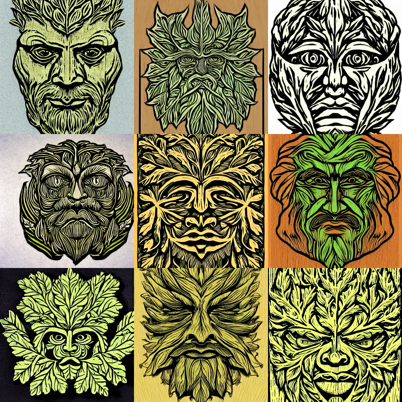 Prompt: a green man face design, highly detailed, oak leaf beard, horizontally symmetrical, coloured woodcut