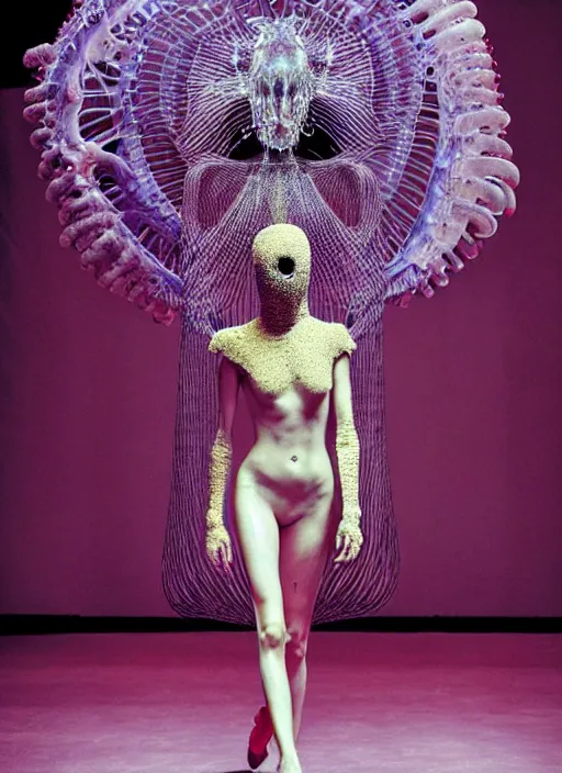 Image similar to walking down the catwalk, steven klein, show, stage, vogue photo, podium, fashion show photo, iris van herpen, beautiful woman, full body shot, helmet on face, masterpiece, plant predator, guyver, jellyfish, biomechanical details, movie still, fauvism, cinestill, bokeh, gelios lens