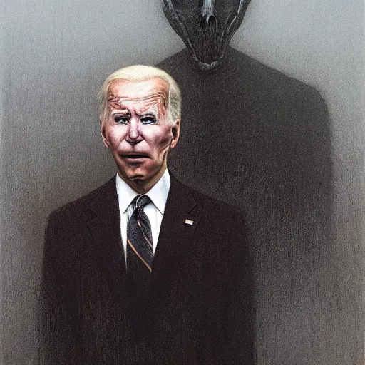 Image similar to presidential portrait of joe biden with shadowy mist pouring from mouth and nose as slenderman, by beksinski, jon mcnaughton, and stephen gammell