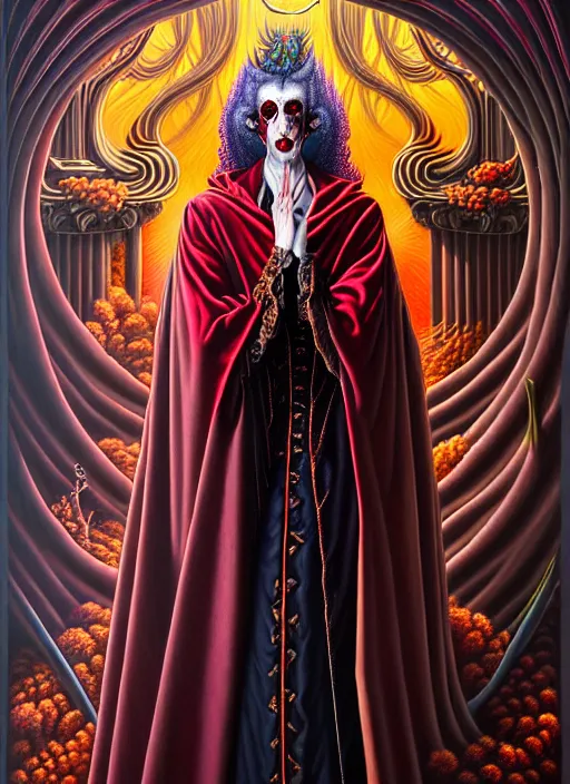 Image similar to beautiful oil painting, full length portrait of vampire!!!!! dauphinois in baroque coronation robes 1 7 0 1, blood, dan mumford, dan mumford, alex grey, hyacinthe rigaurd, highly detailed, lsd visuals, dmt fractal patterns, visionary art, psychedelic art, ornate, vaporwave, baroque, greg rutkowski