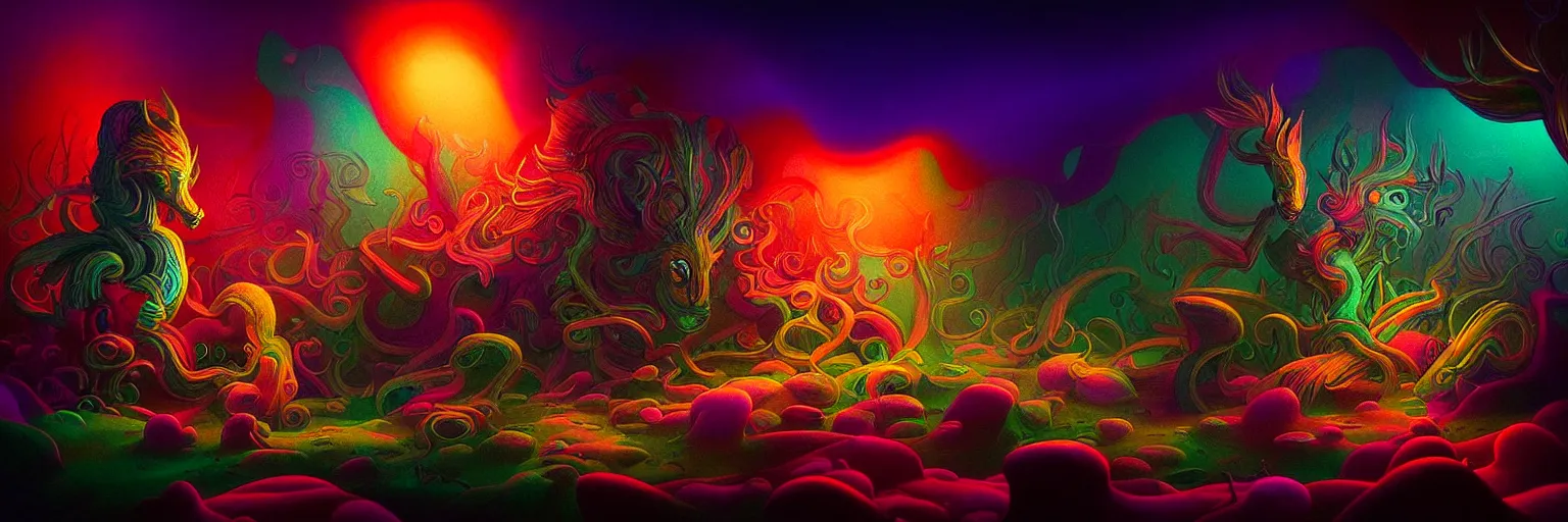 Image similar to microscopic mythical creatures from the depths of the collective unconscious, dramatic lighting with shallow dof, surreal darkly colorful painting by ronny khalil