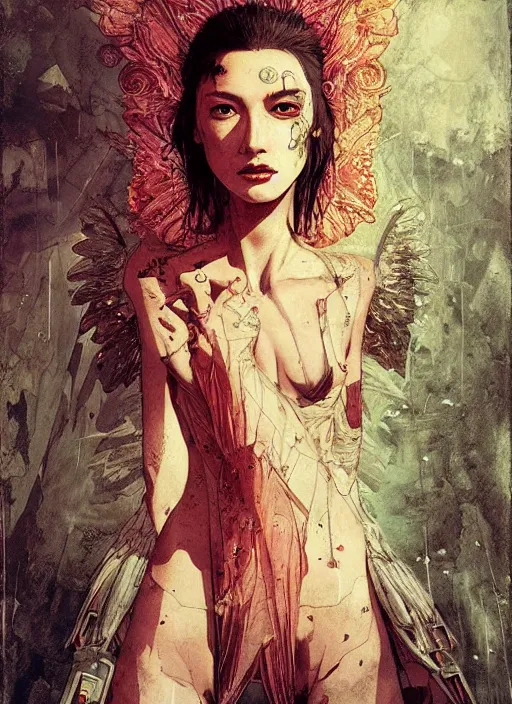 Image similar to angel, eun emerging from renaissance italy into a cyberpunk mutiversal realm by conrad roset, nicola samuri, dino valls, m. w. kaluta, jakub rebelka, rule of thirds, seductive look, beautiful
