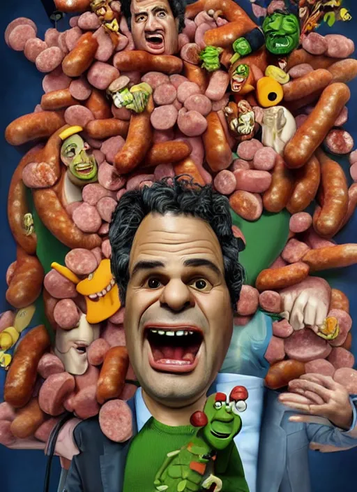 Image similar to hyperrealistic mark ruffalo caricature screaming on a dartboard surrounded by big fat frankfurter sausages with a trippy surrealist mark ruffalo screaming portrait by aardman animation and norman rockwell, mark ruffalo caricature dartboard with hot dogs, glitchcore