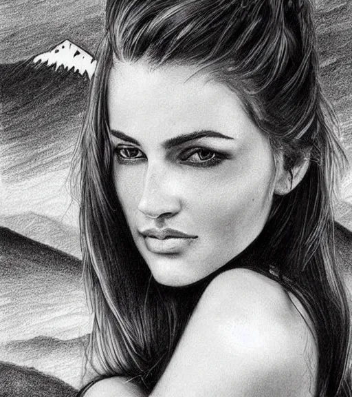 Image similar to tattoo design sketch of a beautiful woman face in front of a background of beautiful mountains, amazing blend effect, hyper - realistic, in the style of matteo pasqualin, amazing detail, black and white