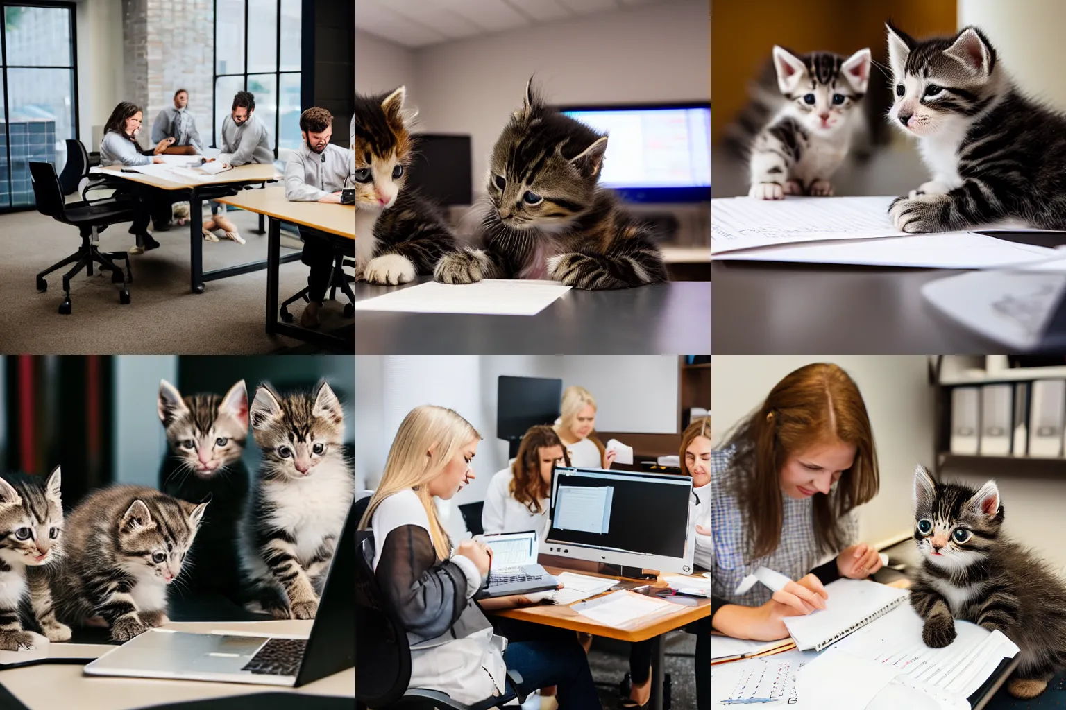 Prompt: Kittens at the office working on spreadsheets, 200mm, canon, f/22