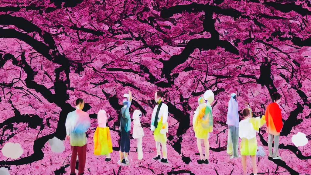 Prompt: a group of people flower viewing sakura, japan, a collage painting, in the style of wes anderson, lola dupre, david hockney, isolated on negative white space background dark monochrome neon fluorescent spraypaint accents volumetric octane render