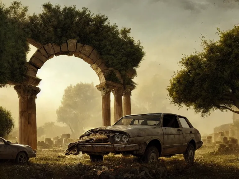 Image similar to a tree growing on a scrap car in ancient greek ruins, gray wasteland, many scrap cars, overgrown, pillars and arches, vines, hyperrealistic, highly detailed, cinematic, ray of golden sunlight, beautiful, cgsociety, artstation, 8 k, oil painting by greg rutkowski, by artgerm, by wlop