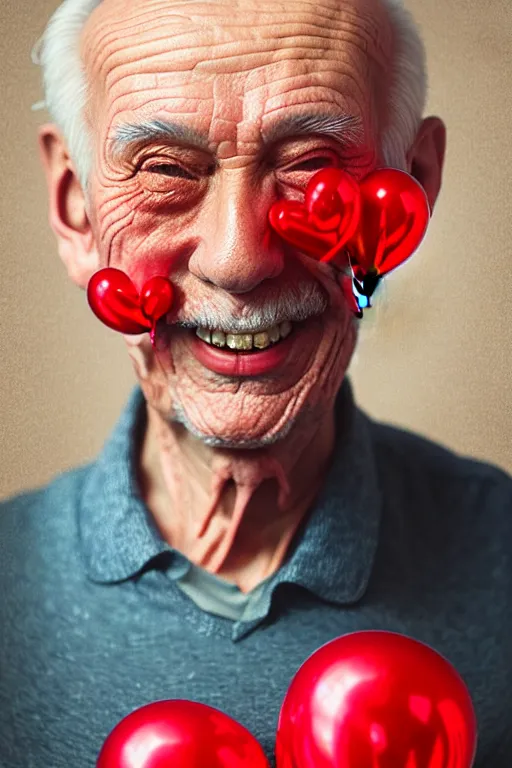 Image similar to portrait of smiling old man with red balloons, intricate and very beautiful and elegant, highly detailed, digital painting, artstation, concept art, smooth and sharp focus, beautiful render, art by tian zi and alphonse mucha and wlop