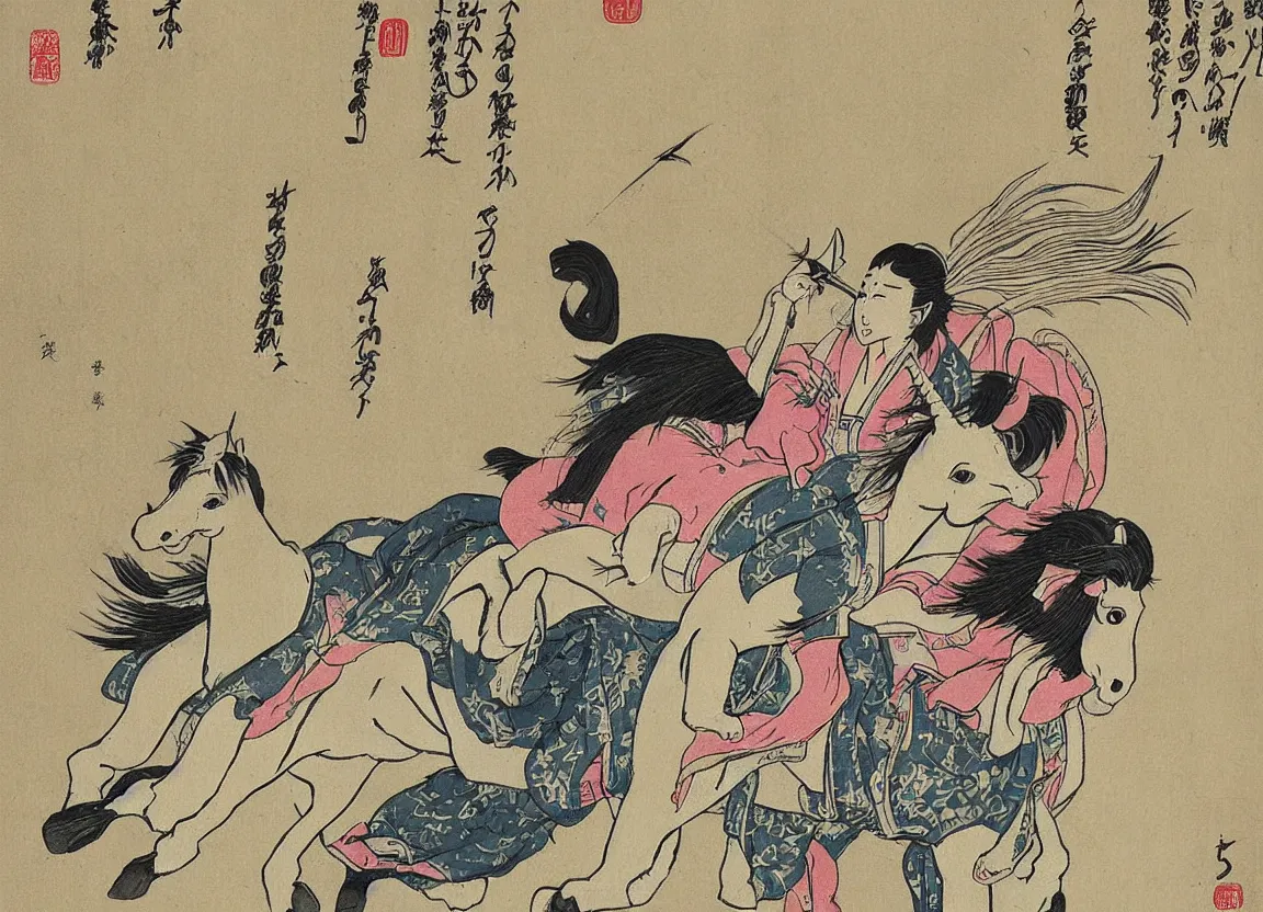 Image similar to woman riding a flying unicorn, japanese illustration