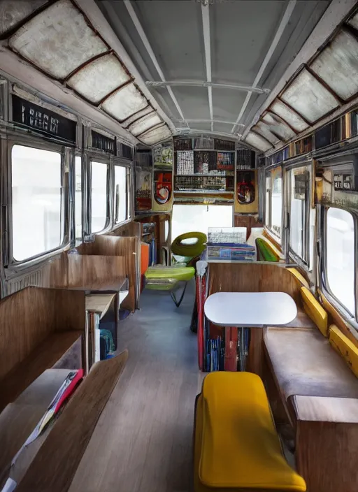 Image similar to interior design of a schoolie, mid - century modern converted school bus interior design by philippe starck and victoria hagan, detailed digital photography by rutkovski and beksinski, masterpiece, gorgeous, 4 k