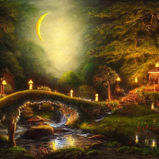 Prompt: realist painting, high detail, woodland village, in the night, fantasy, crescent moon, stone paths, bridge, water stream, luminous, toadstools, fireflies, fantasy,, flowers, waterfall, lanterns, mist, highly detailed painting, fine lines, 8 k realistic, sharp focus