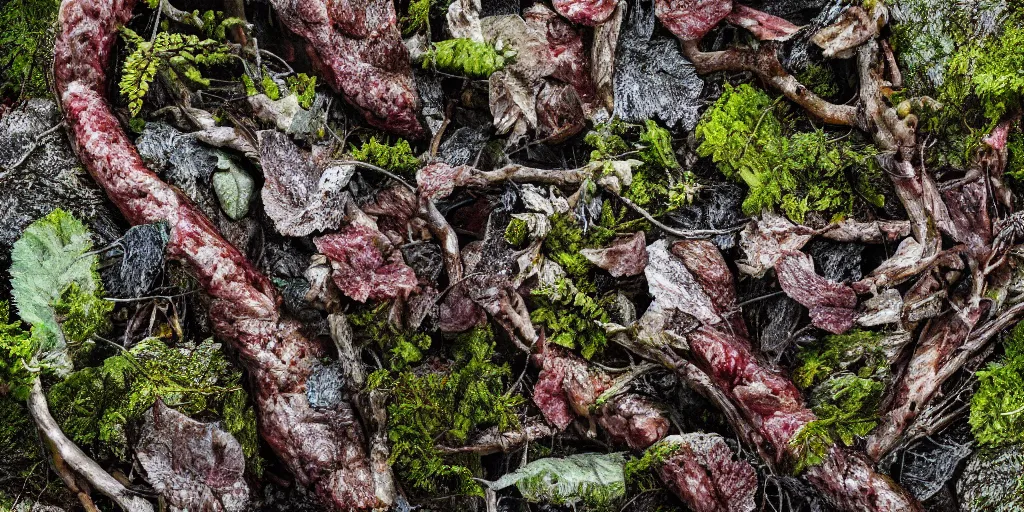 Prompt: details of meat and muscles, lichens, skin texture details, painitng, leaves, branches and twigs, deep forest, oil on canvas, 4k, photorealistic, dslr photo, unreal engine, cinematic lighting, soft lighting, sharp focus, hyperrealistic painting