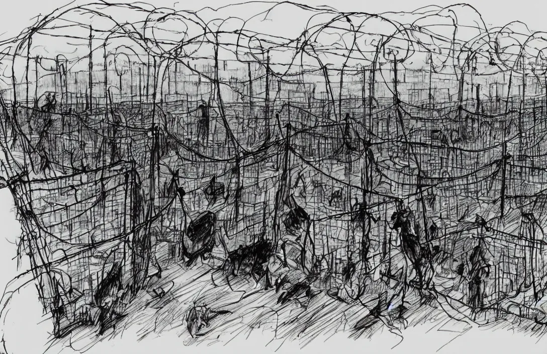 Image similar to milt kahl sketch of zombie apocalypse resistance camp with barbed wire fencing