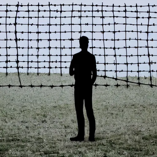 Image similar to a man standing in front of a fence with barbed wire, minimalism, dystopian art