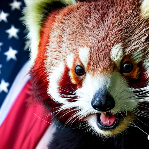 Image similar to red panda with armour, holding american flag, photo, dslr, photorealistic
