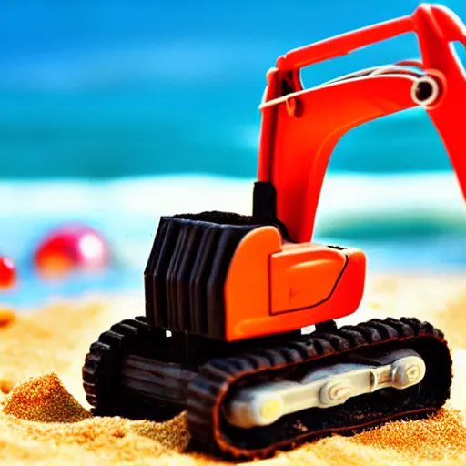 Prompt: excavator toy, beach, sand, sea, depth of field, very detailed, holiday vibe, photo style, ultra realistic, high quality