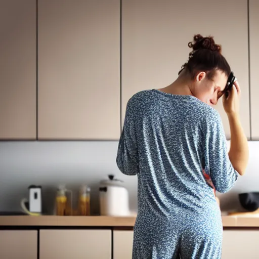 Image similar to woman on pyjamas singing with headphones on, eyes closed, and hugging cleaning products, high detail, shallow depth, kitchen background