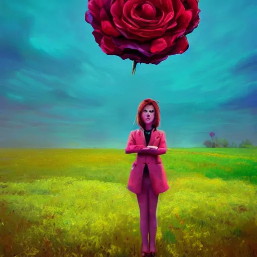 Image similar to closeup, giant rose flower head, frontal, girl in a suit, surreal photography, sunrise, blue sky, dramatic light, impressionist painting, digital painting, artstation, simon stalenhag