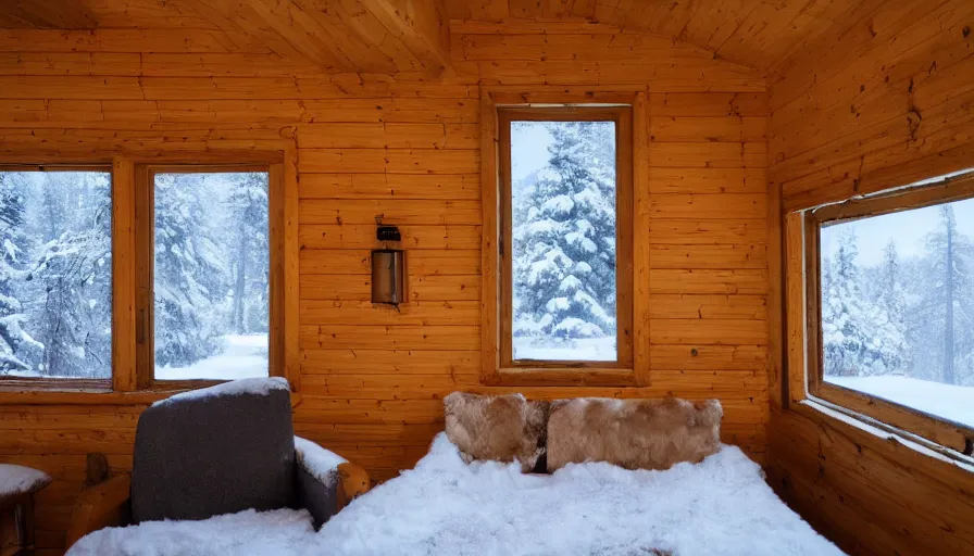 Prompt: empty cozy interior of small cabin, warm, outside winter landscape