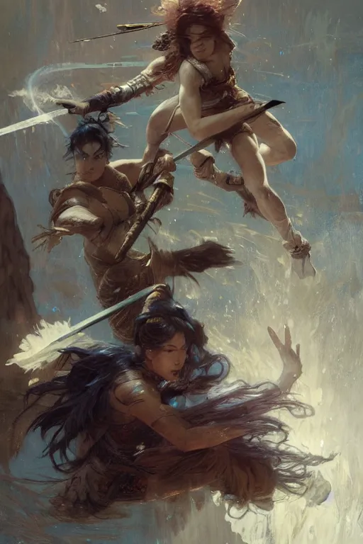 Prompt: An epic fight moment between a spirit slayer with female skilled samourai in style of by gaston bussiere, and craig mullins and greg rutkowski and alphonse mucha, awesomenes , concept art world,